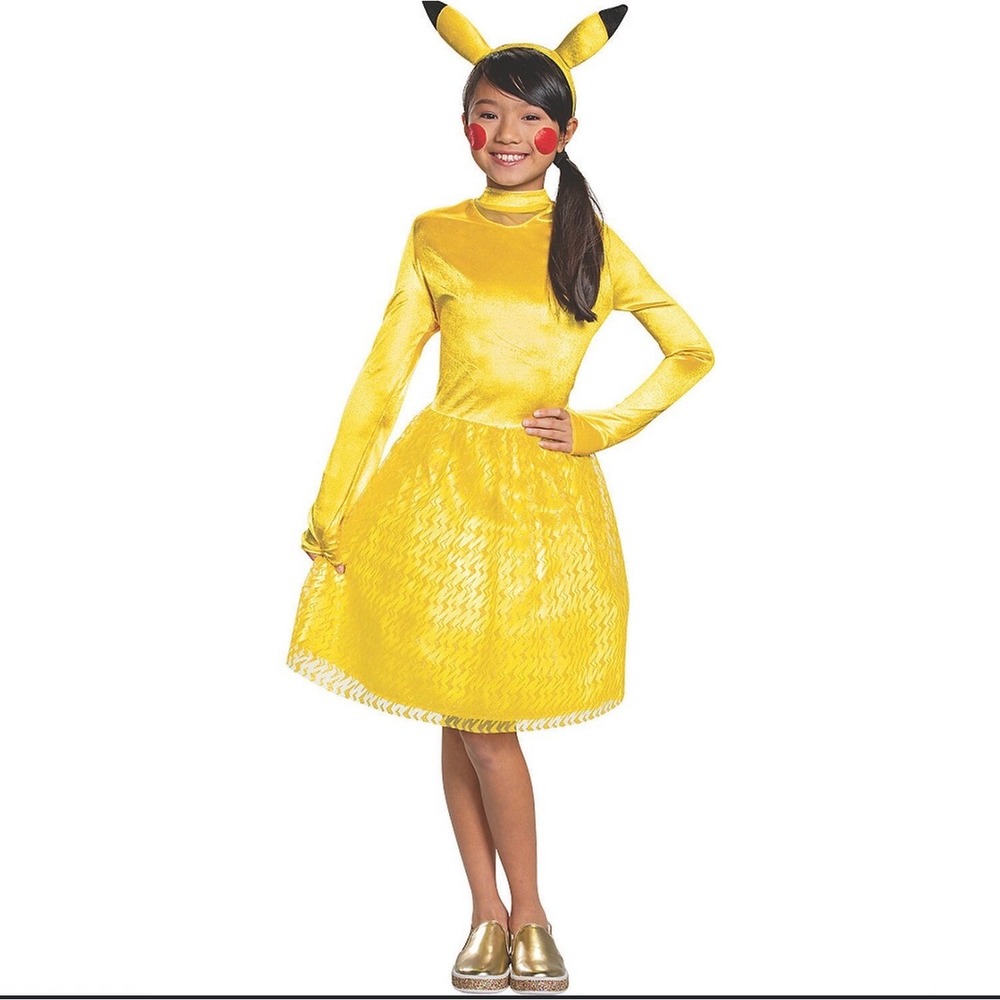Pokemon Pikachu Girl Costume Disguise Yellow Dress Headband Tail Size L 10-12